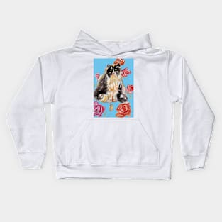 Tuxedo Cat Watercolor Painting and Roses on Light Blue Kids Hoodie